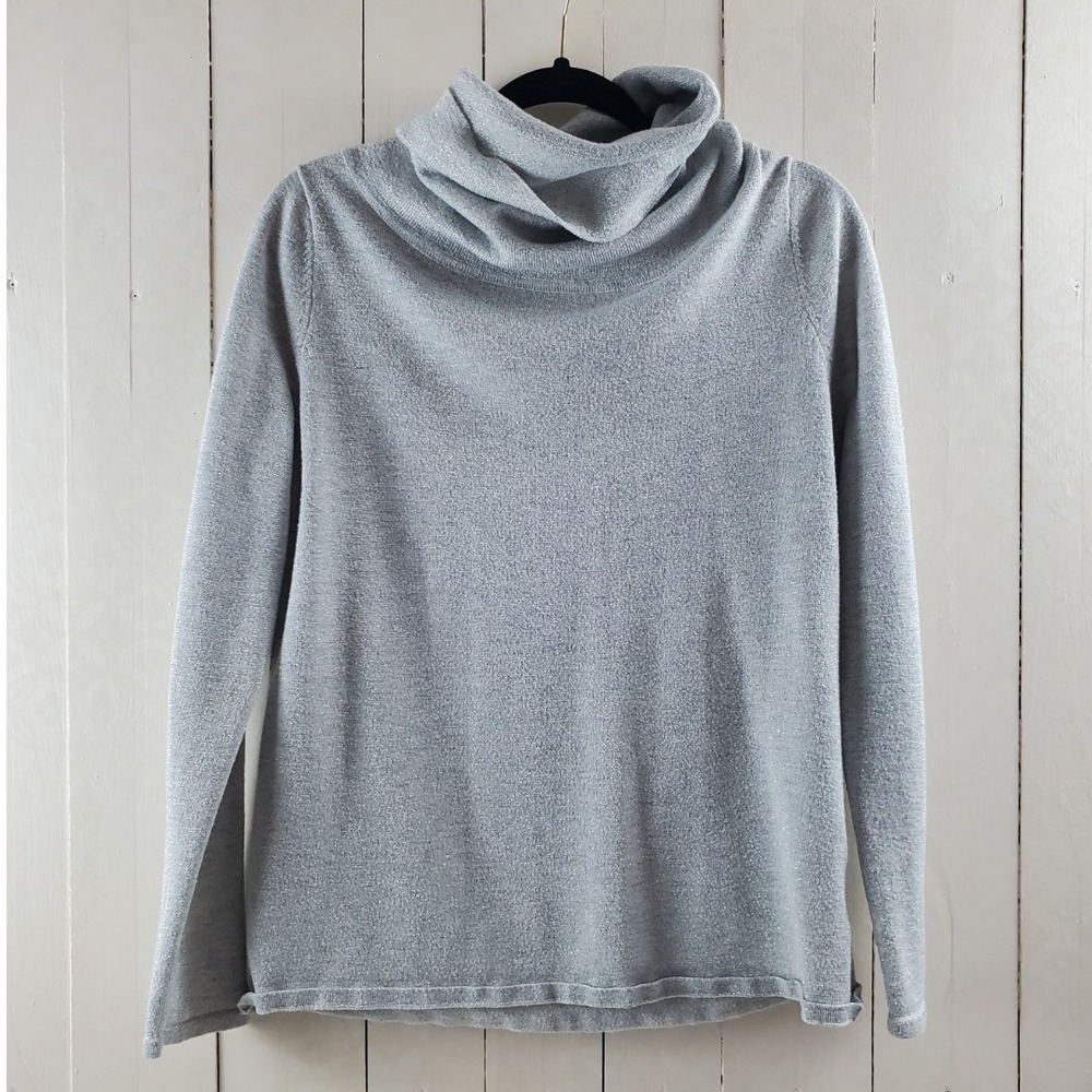 Gray Metallic Shimmer Cowl Neck Long Sleeve Knit Sweater Top